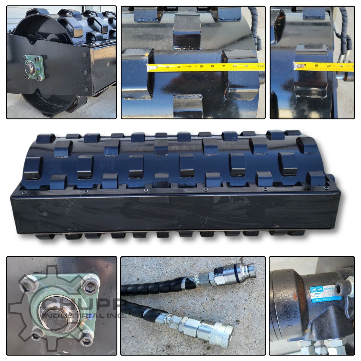 Padfoot vibratory roller with close-ups: welded drum pads with a tape measure, pillow block bearing, hydraulic couplers