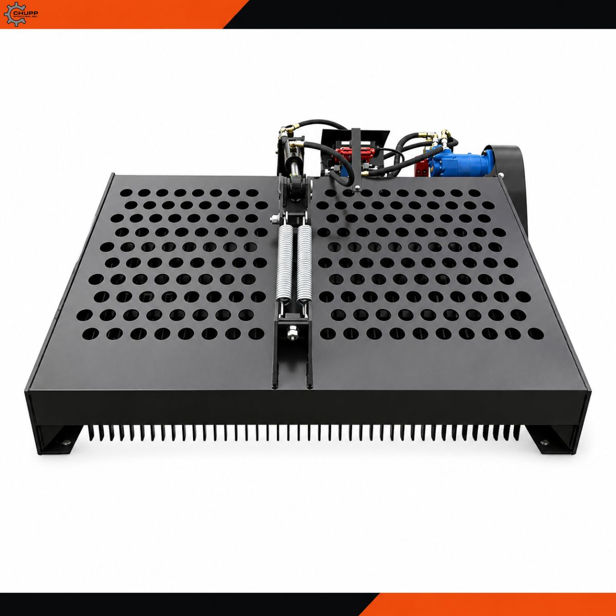 AGT landscape rake: perforated steel hopper, front tooth bar, hydraulic dump cylinder, blue drive motor and red valve