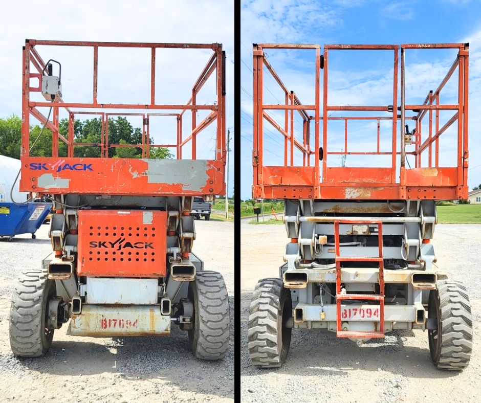 SkyJack rough terrain scissor lift, orange guardrails on a white chassis, front and rear views on lug tires