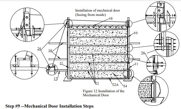Assembly diagram, Step 9: installing the mechanical door in the fabric building end wall, with bolted joint detail views