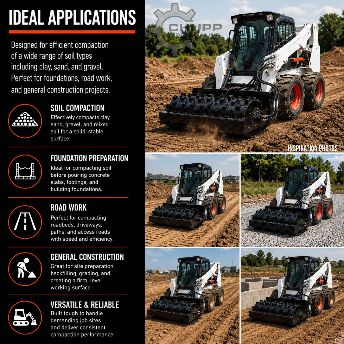 Padfoot vibratory roller applications infographic: soil compaction, foundation prep, road work, general construction