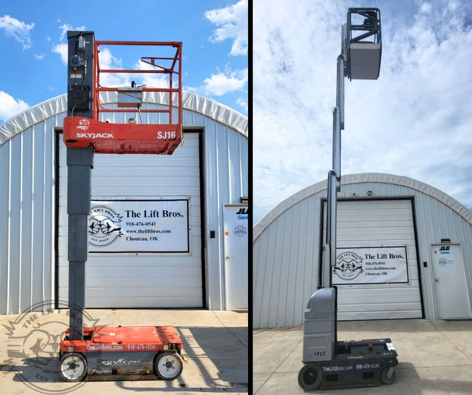 Skyjack SJ16 and JLG vertical mast lifts with masts raised and platforms elevated overhead