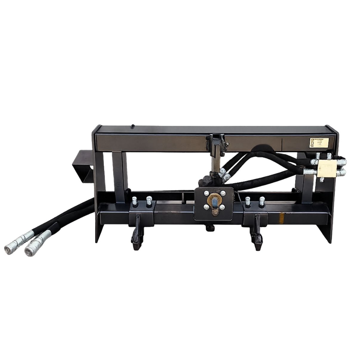 Arteer 3-point PTO hitch adapter: black skid steer quick-attach frame with splined PTO output shaft and hydraulic hoses