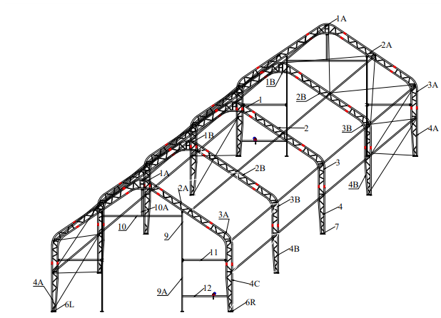 Frame sketch of the dual truss fabric building: galvanized truss arches, purlins and the end wall door framing