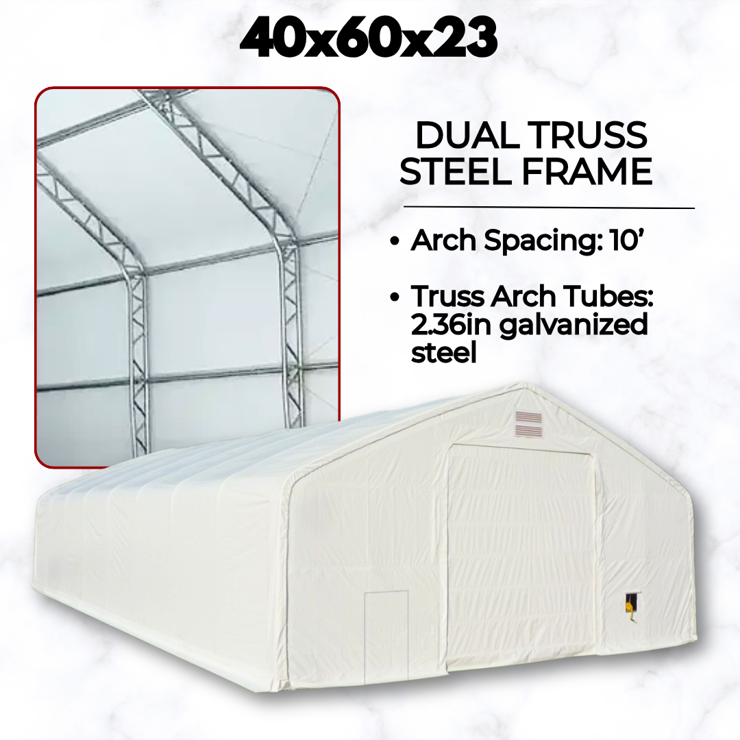40x60x23 fabric building's dual truss frame: 2.36 in galvanized steel arch tubes at 10 ft arch spacing