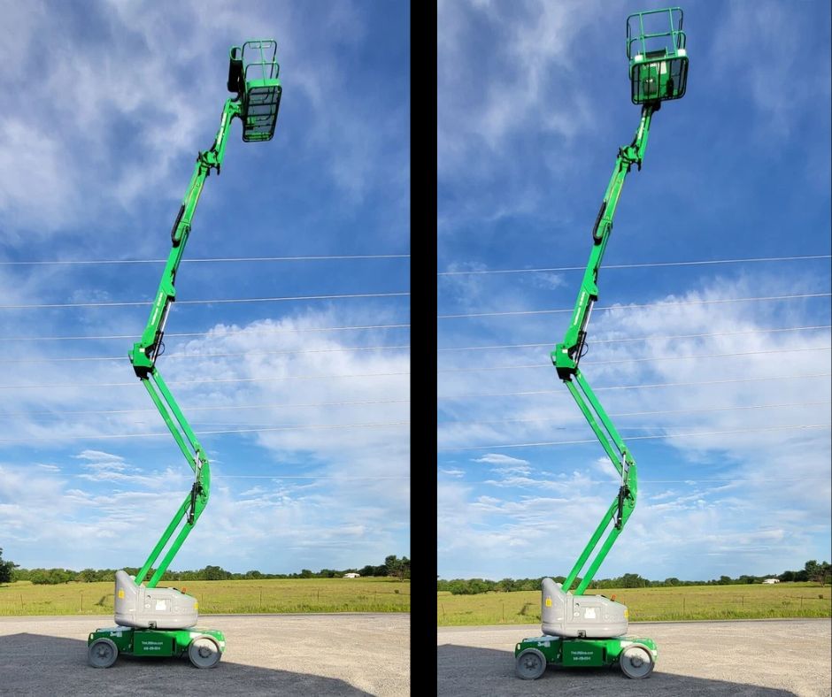 Green articulating boom lift with the boom extended straight up, work platform at full height above the chassis