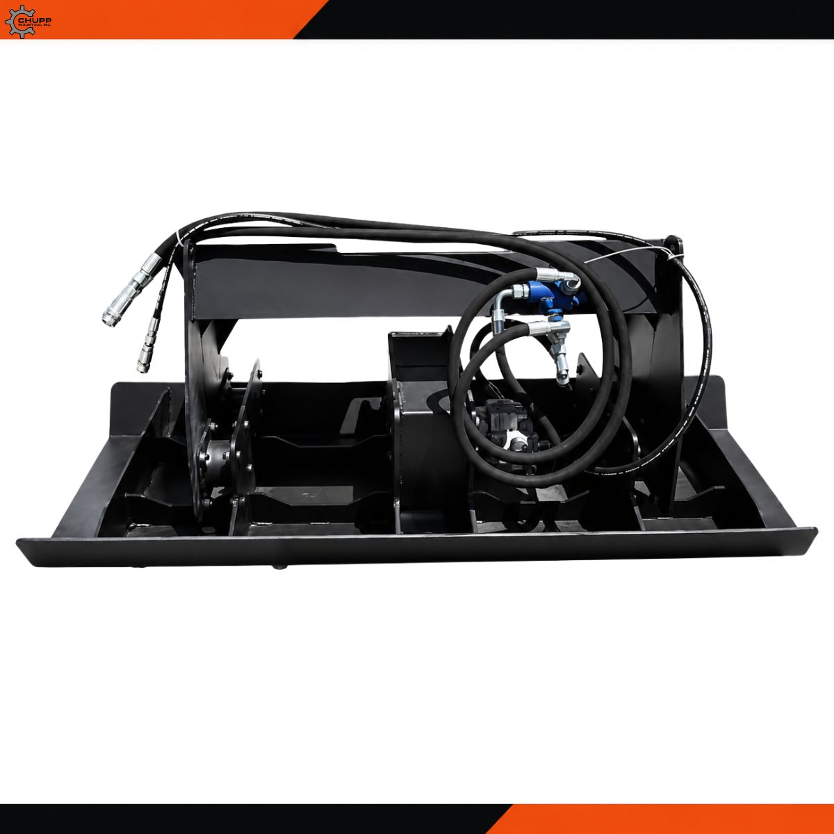 JCT vibratory plate compactor: black steel plate with hydraulic motor, coiled hoses and skid steer quick-attach frame