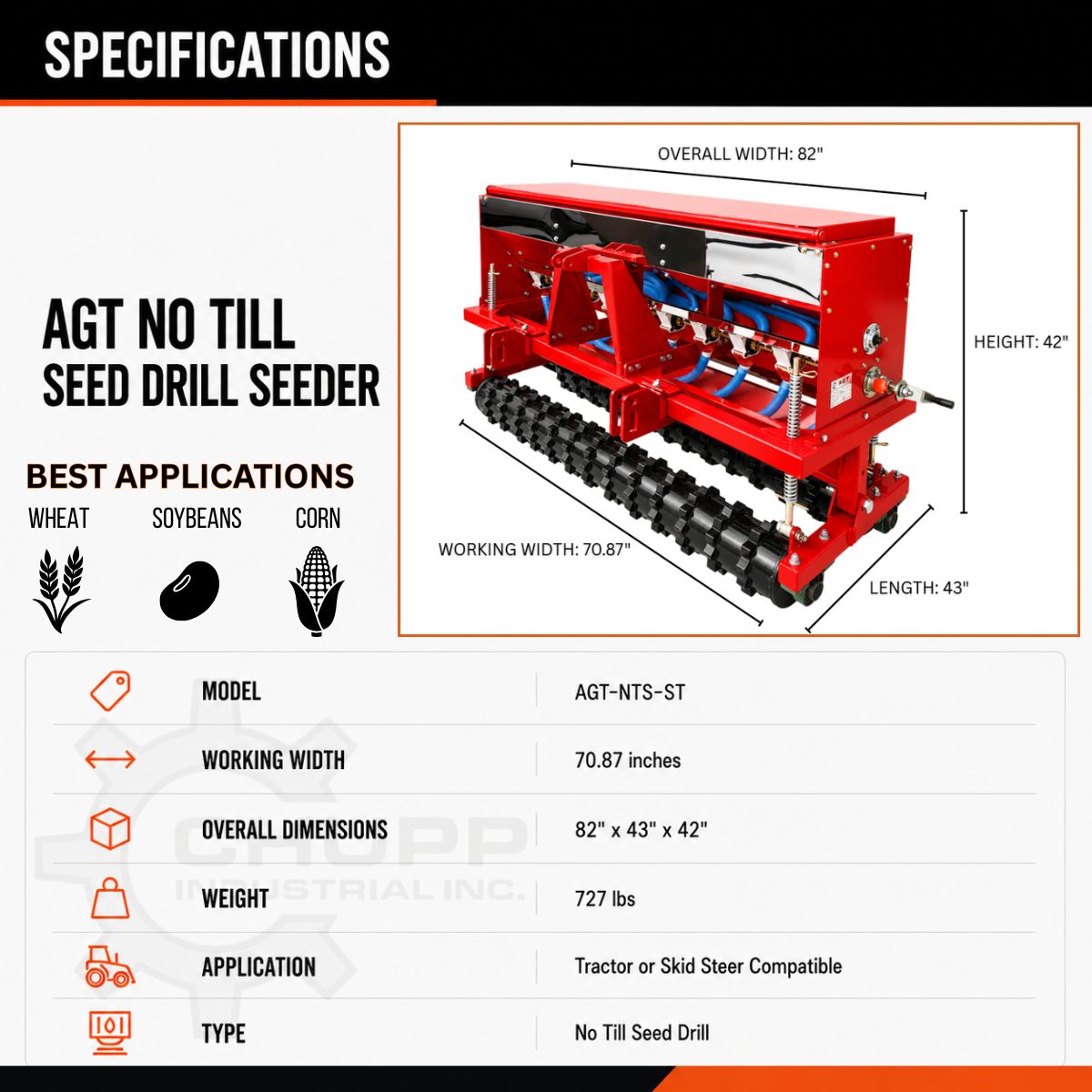 Dimension sheet for the AGT-NTS-ST no till seed drill: 70.87in working width, 82 x 43 x 42in overall, 727 lbs
