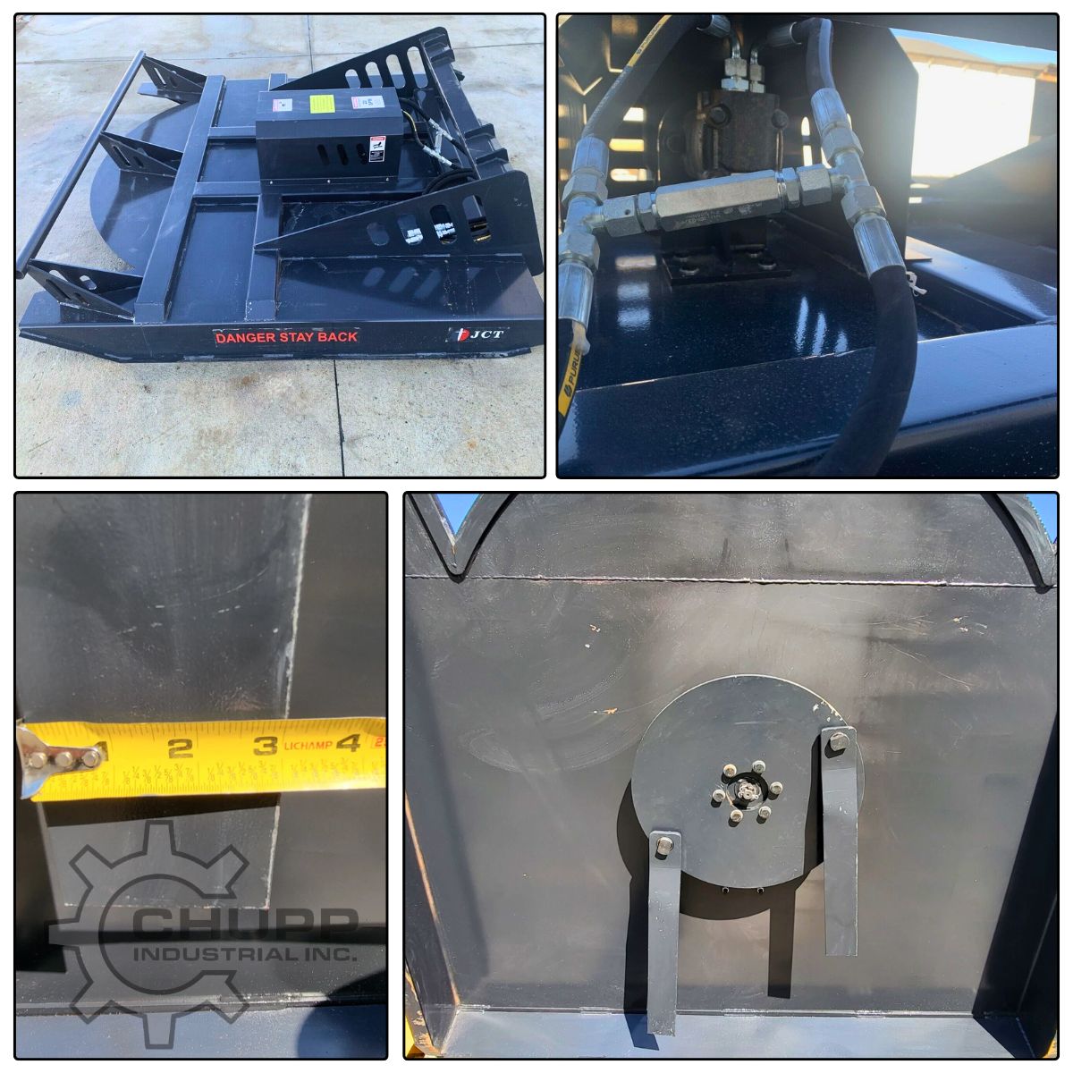 JCT 72in brush cutter details: JCT decal, hydraulic motor lines, tape measure on the deck steel, underside blade disc