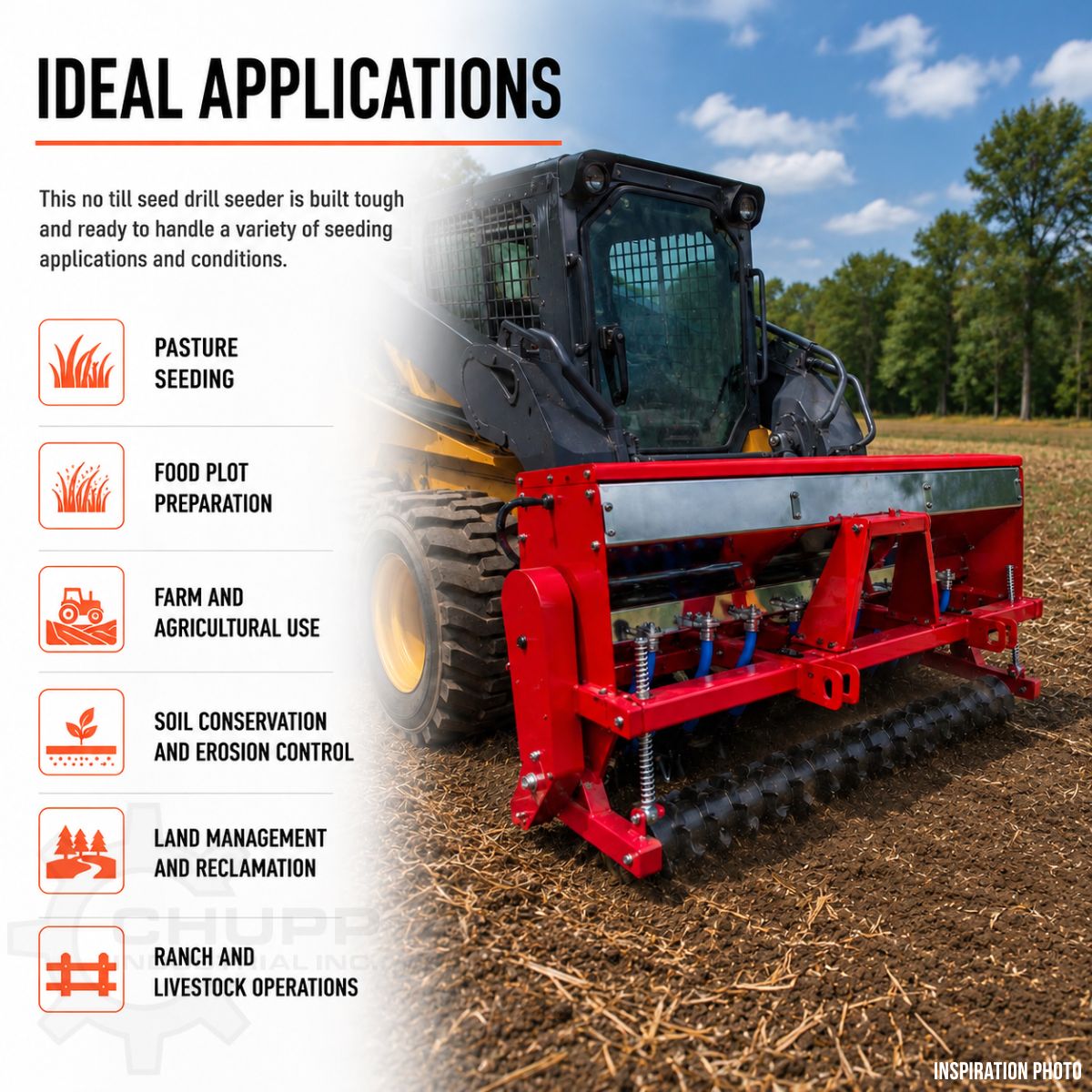 Applications chart for the no till seed drill: pasture seeding, food plots, farm use, erosion control, land management