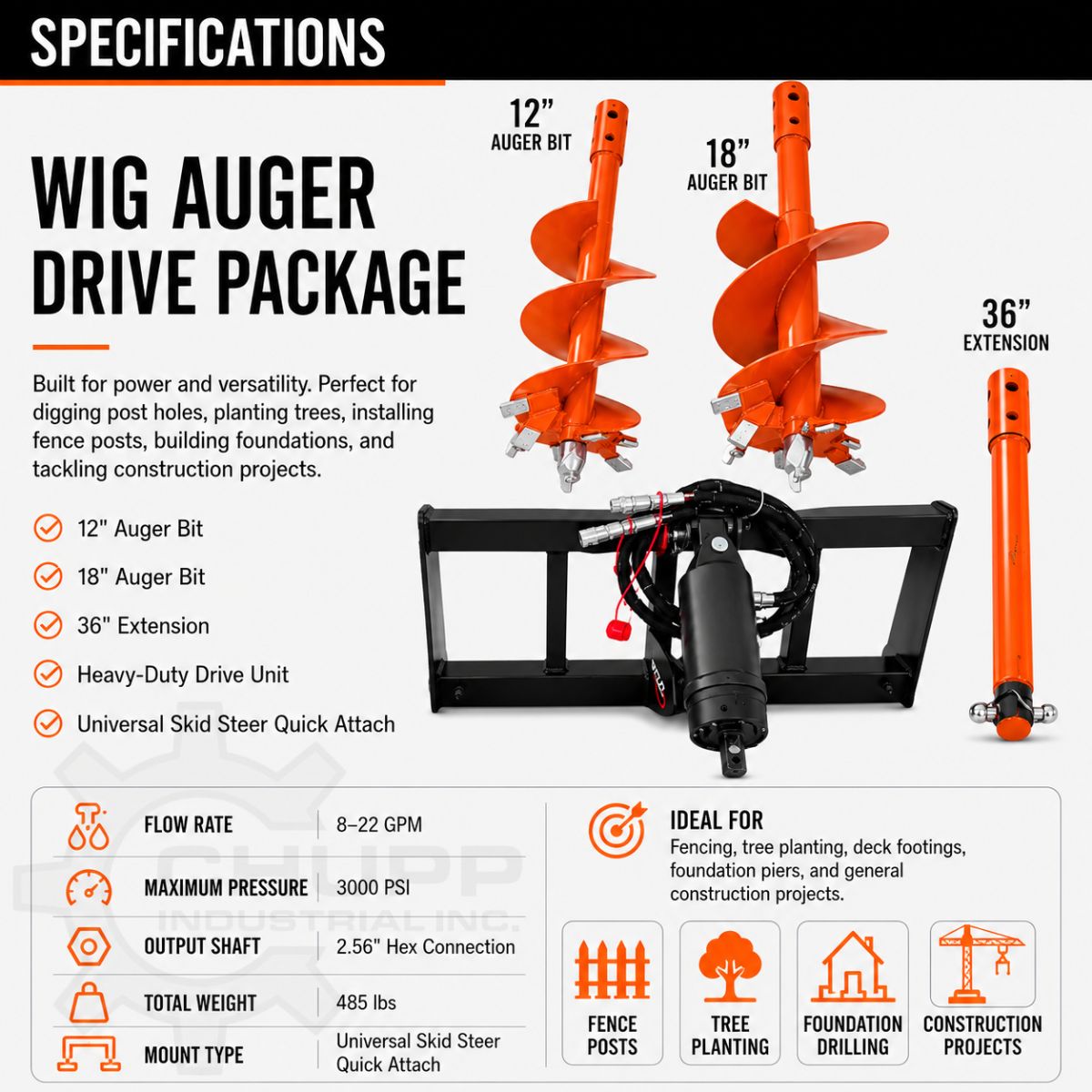 WIG auger drive package spec sheet: 12in and 18in bits, 36in extension, 8-22 GPM, 3000 PSI, 485 lbs total