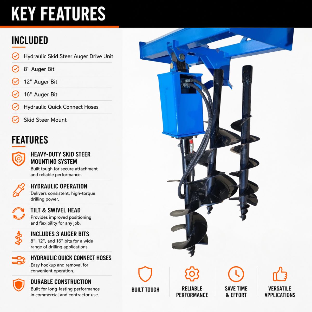 Key features of the hydraulic skid steer auger: blue drive unit with tilt and swivel head, 8, 12 and 16 inch bits included