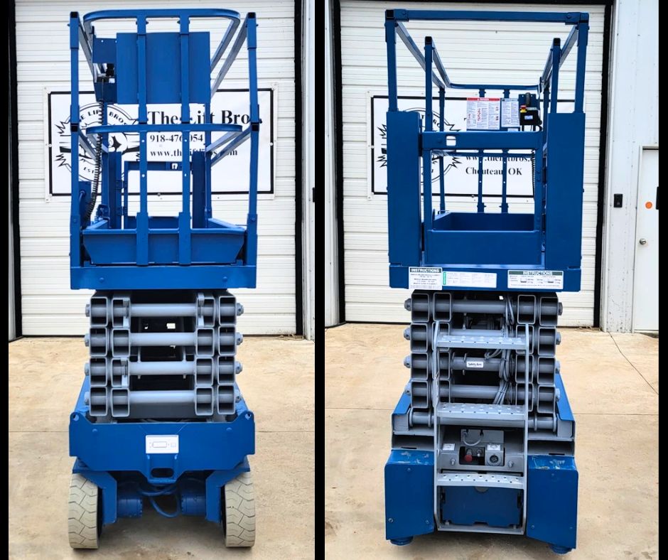Genie GS-3232 scissor lift from the front and rear, platform lowered, entry gate, scissor stack and drive motors