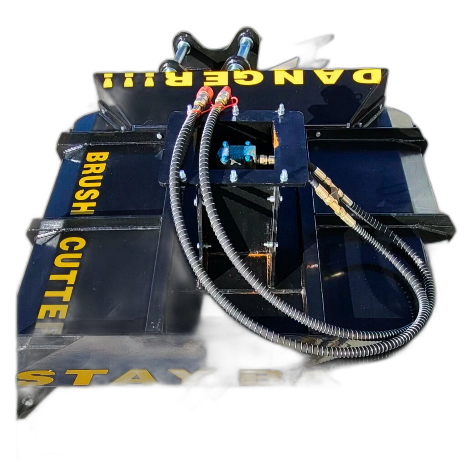 Excavator brush cutter deck, yellow DANGER and BRUSH CUTTER lettering, twin-pin mount, valve and sheathed hoses