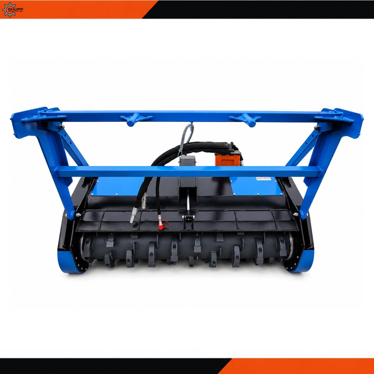 Blue drum mulcher: full-width rotor with bolt-on teeth, hydraulic hoses and valve block on the push frame