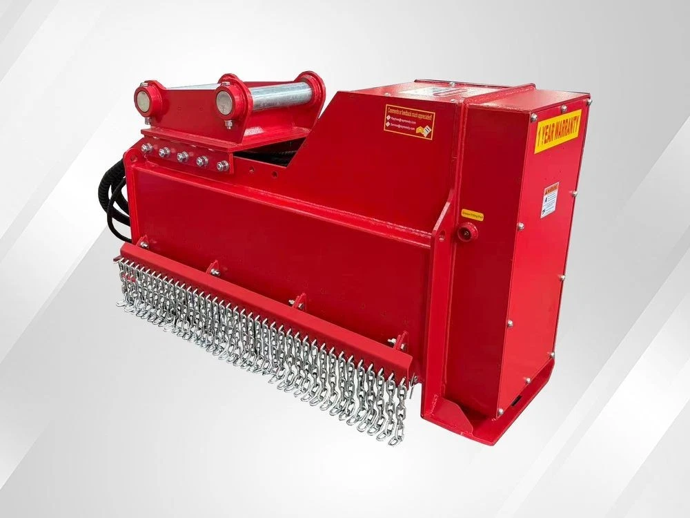 Red Raytree excavator drum mulcher, chain guard of hanging chains across the front and pin-on mount
