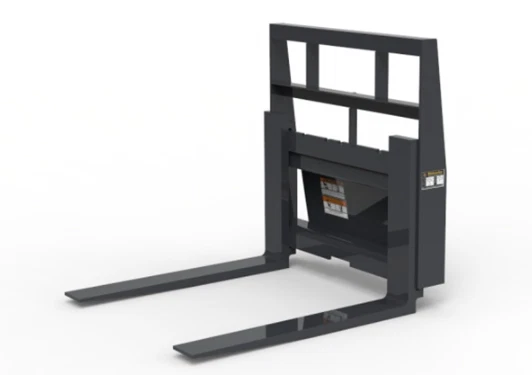 Black pallet fork frame with headache rack and two tapered fork tines, on a plain white background