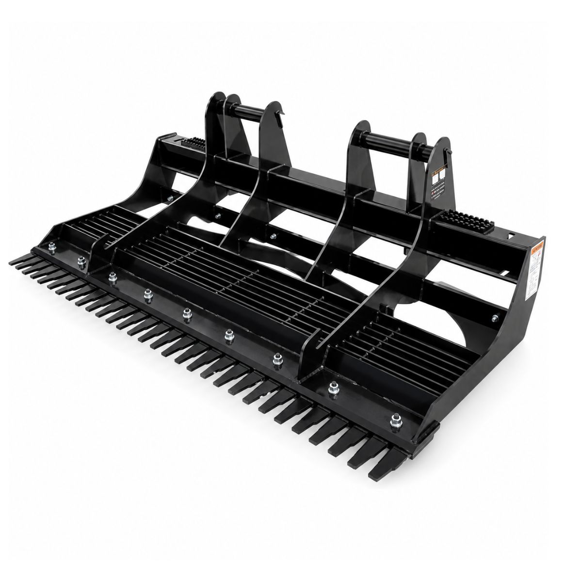 Wolverine land leveler, black steel frame with bolt-on teeth along the leading edge and a skid-steer quick-attach plate