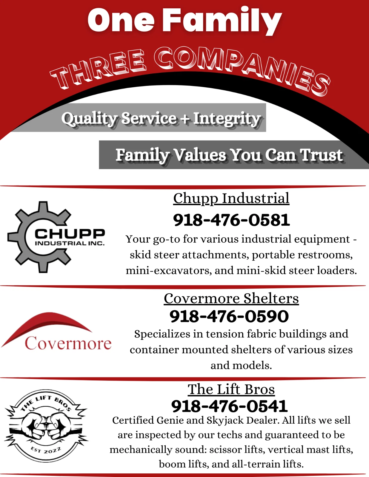 Chupp companies flyer graphic: Chupp Industrial, Covermore Shelters and The Lift Bros logos and phone numbers