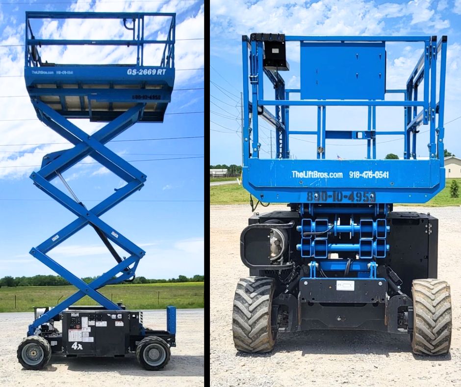 GS-2669 RT rough terrain scissor lift raised on its blue scissor stack, side and rear views on four-wheel-drive tires