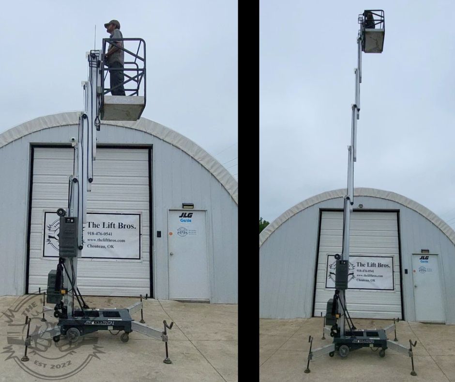 JLG push-around man lift with mast raised and an operator in the platform, outriggers set on the ground