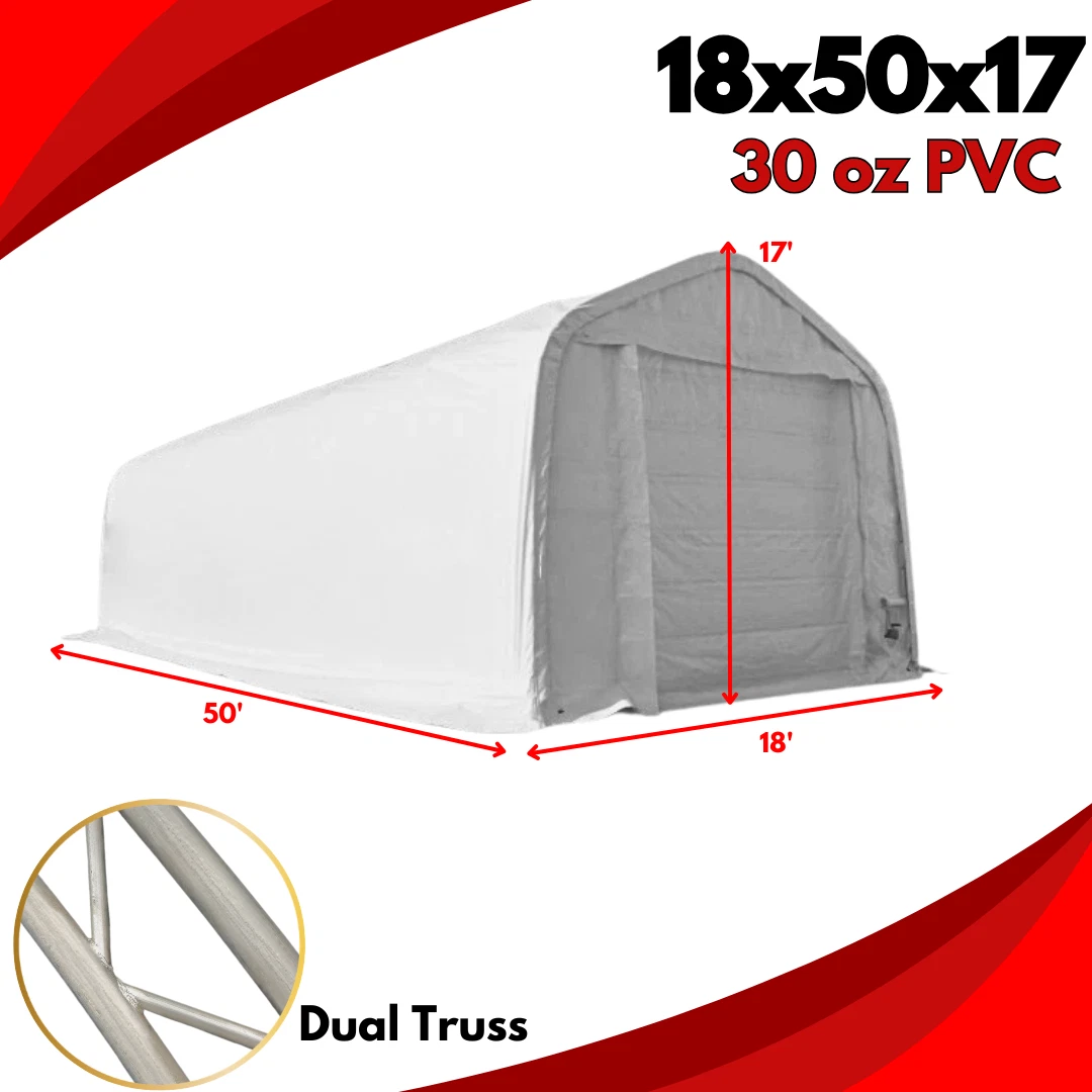 White 30oz PVC dual-truss fabric building, gray front winch door, 18x50x17 ft callouts and dual-truss frame inset