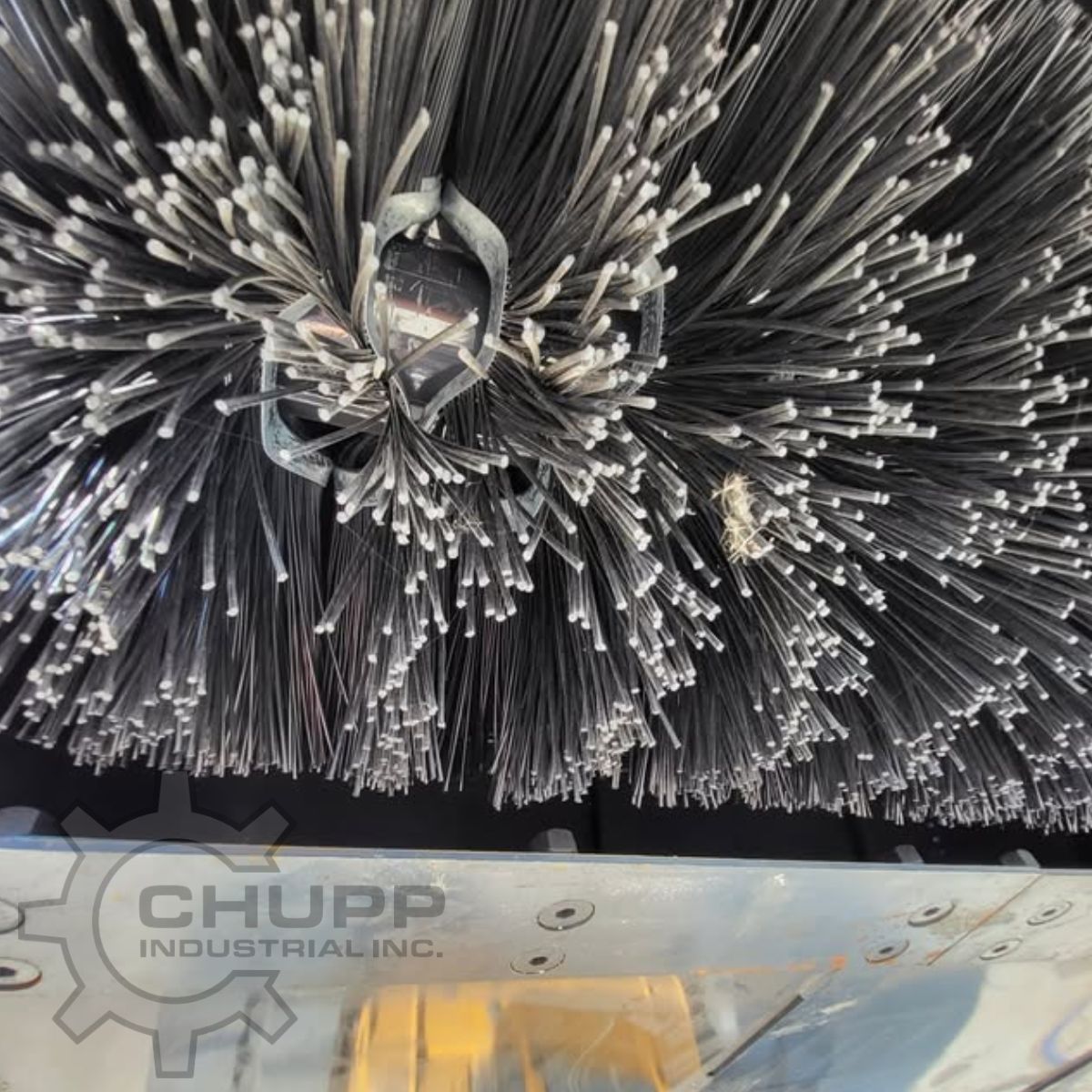 Wolverine box broom brush section, black poly bristles mixed with wire strands wrapped on the steel core