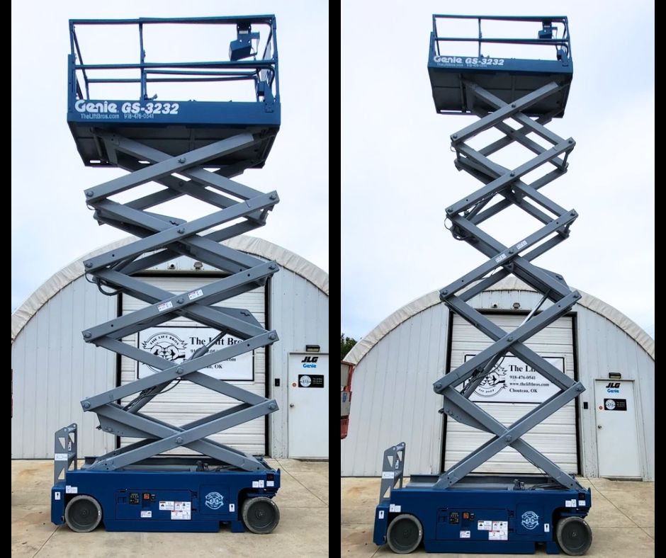 Genie GS-3232 scissor lift raised to full height on its extended scissor stack, platform guardrails up