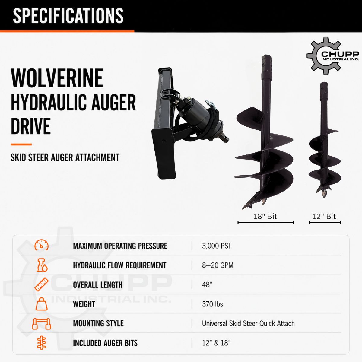 Wolverine hydraulic auger drive spec sheet: 3,000 PSI max, 8-20 GPM, 48in long, 370 lbs, 12in and 18in bits