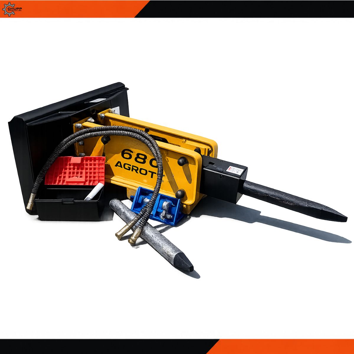 AGROTK 680 hydraulic breaker hammer with mounting bracket, two chisel points, hoses, toolbox and nitrogen charge kit