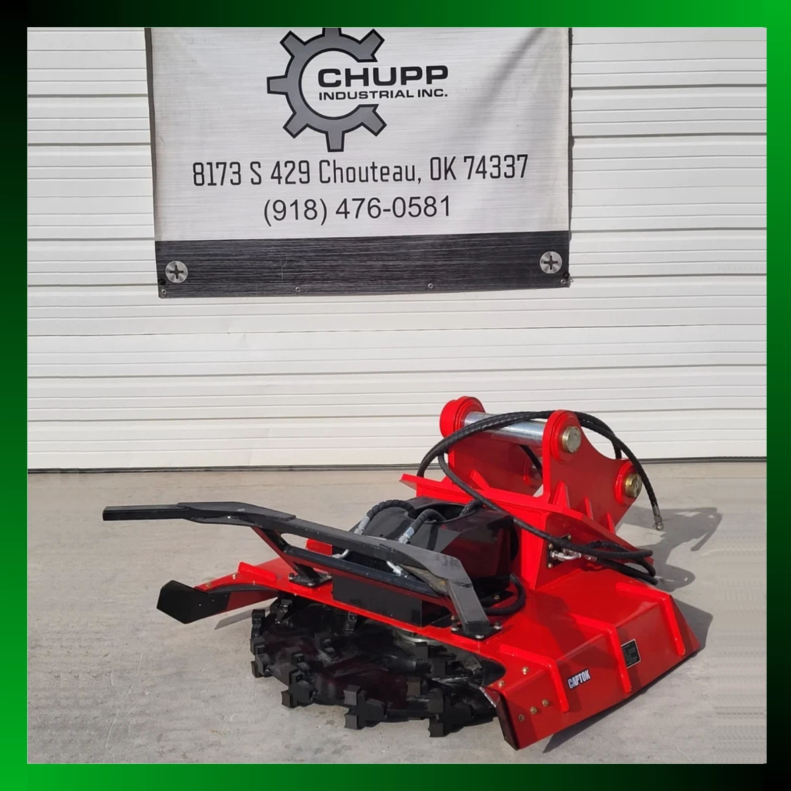 Red Captok excavator disc mulcher in front of a Chupp Industrial Inc. banner, green border