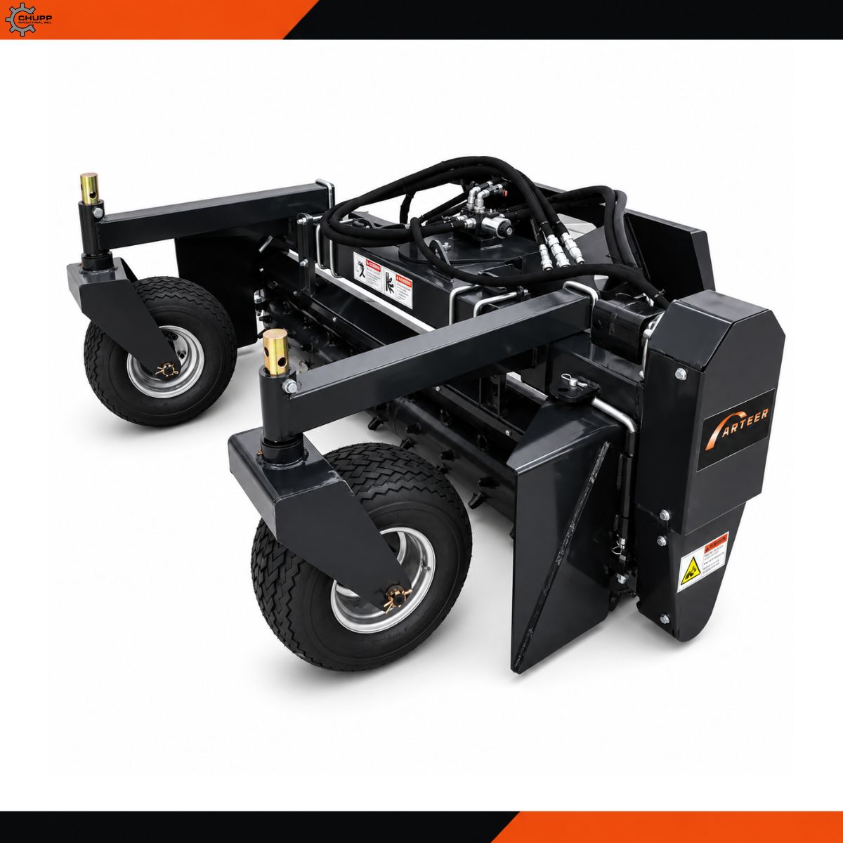 Arteer soil conditioner: twin gauge wheels on adjustable posts, toothed leveling drum and a hydraulic manifold with hoses