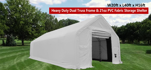 20x40x16 white PVC fabric storage building with dual truss frame and an open end door