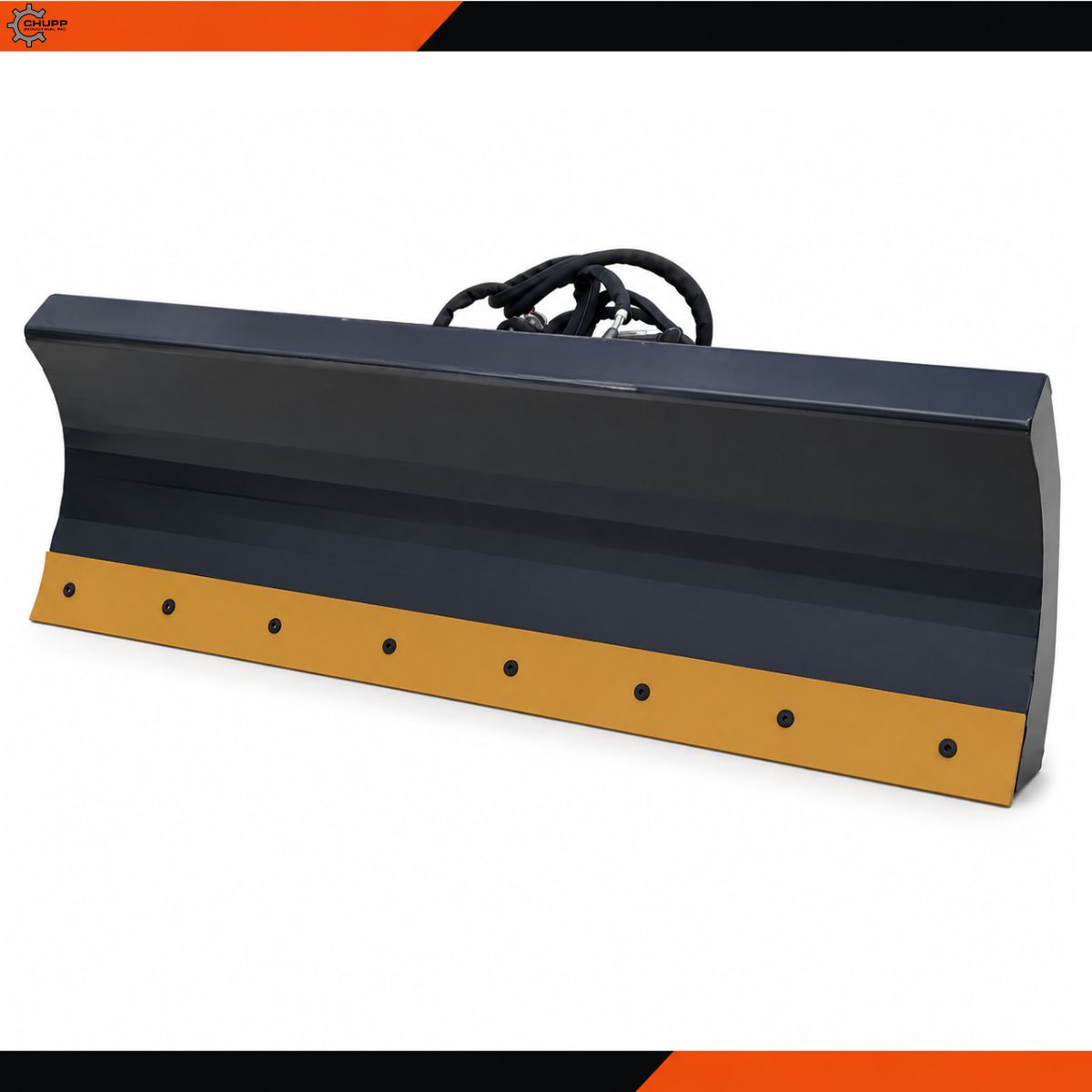 Wolverine 6-way dozer blade, gray steel moldboard with bolt-on yellow cutting edge and hydraulic hoses