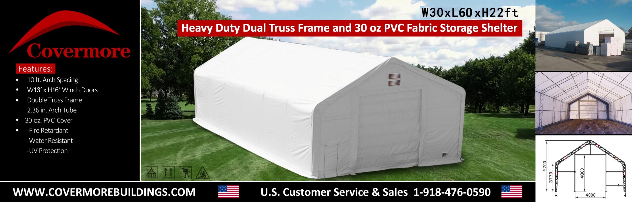 White 30x60x22 dual truss PVC fabric building with 13' x 16' winch doors, 10 ft arch spacing and 30 oz PVC cover