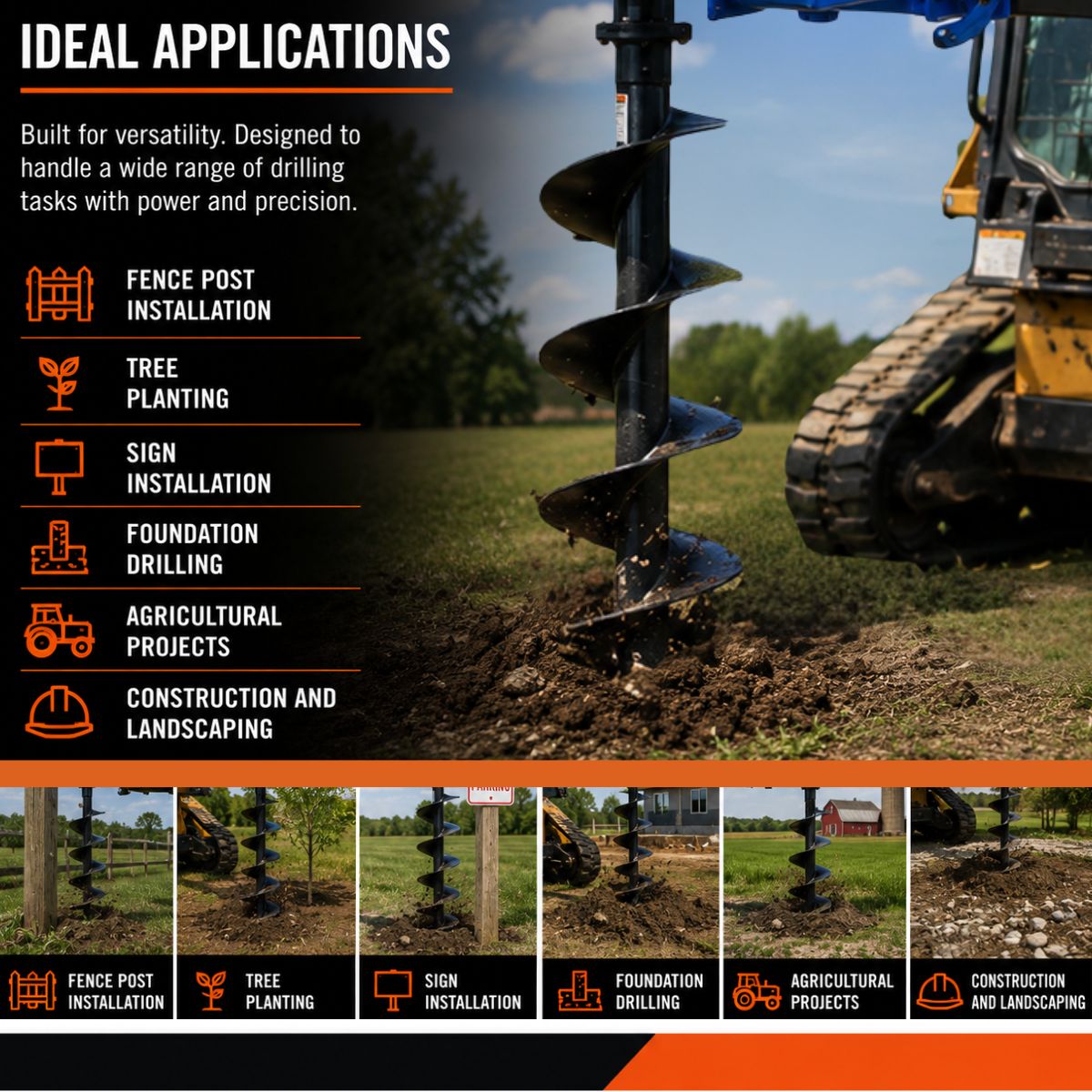 Applications chart for the skid steer auger: fence posts, tree planting, signs, foundation drilling, farm and construction