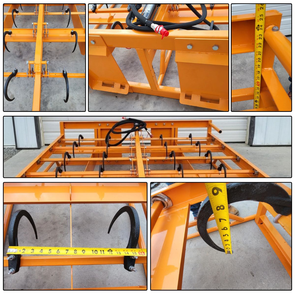 Landhonor hay accumulator: orange steel grid frame with curved black spring hooks, hydraulic hose and quick-attach mount