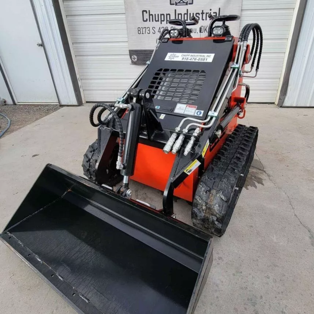 AGT LRT23 mini skid steer with black bucket lowered, vented hood and front auxiliary hydraulic couplers