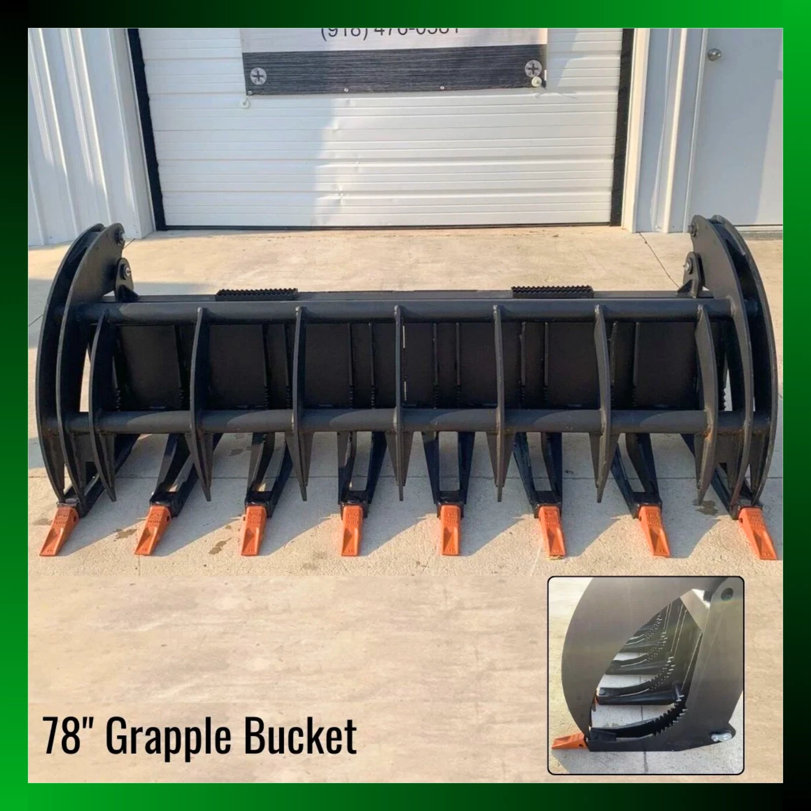 Listing tile: black 78-inch rock grapple bucket with orange bolt-on teeth, plus a tine close-up inset