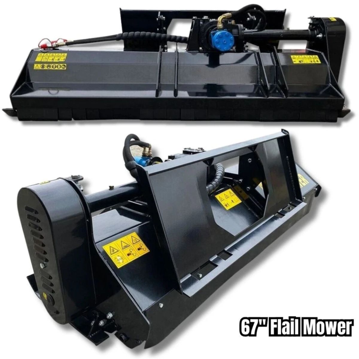 AGT 67-inch flail mower, front and rear: black steel deck, belt-drive housing, hydraulic motor and mounting plate