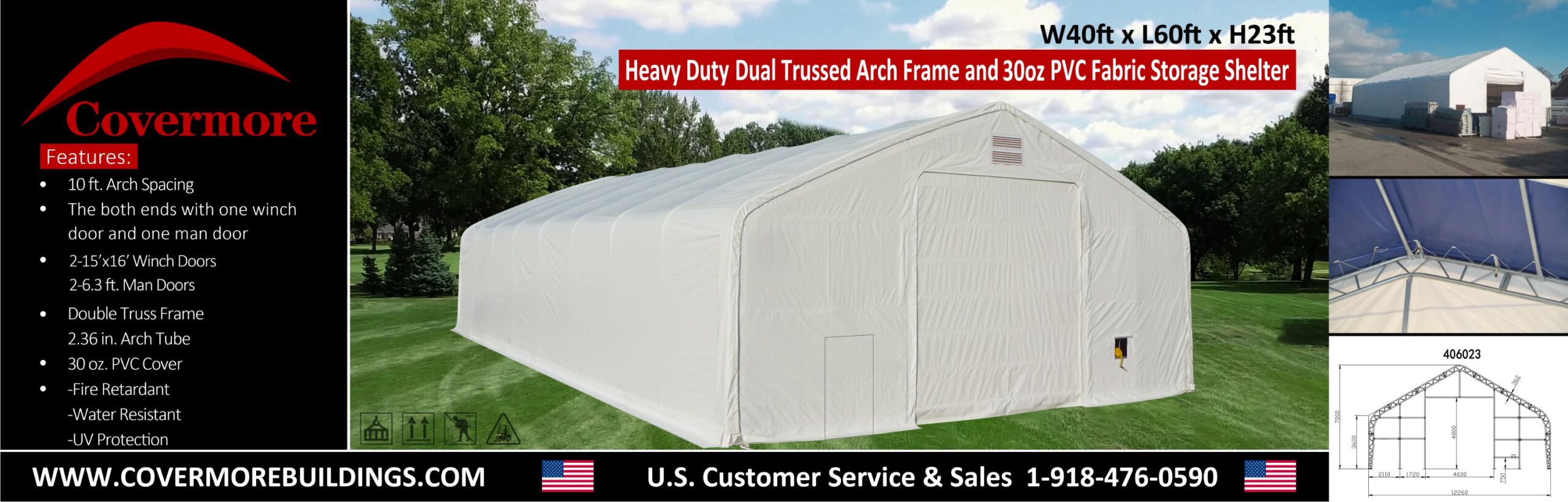 Covermore 40x60x23 dual truss fabric storage shelter, white 30oz PVC cover with 15 x 16 ft winch door and man door