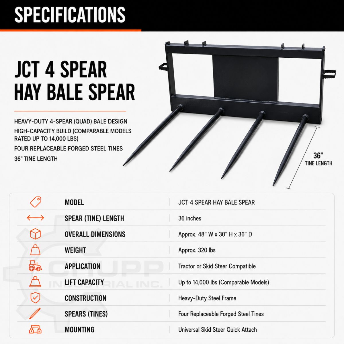 Spec table for the JCT 4-spear hay bale spear: 36in tines, 48 x 30 x 36in overall, 320 lbs, universal skid steer mount
