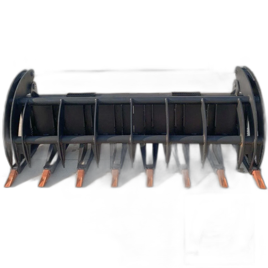 78-inch rock grapple bucket, row of eight tines with orange bolt-on teeth and curved grapple arms