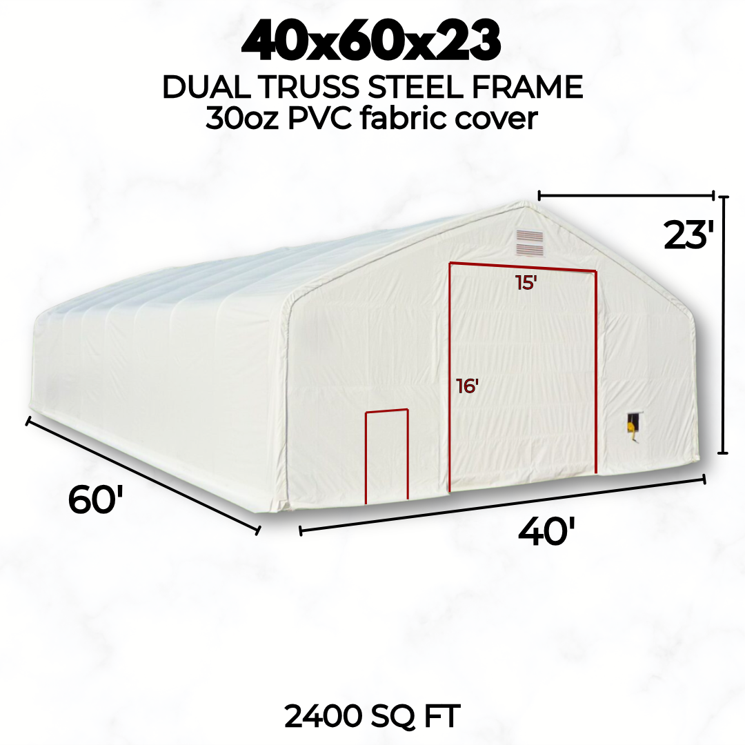 40x60x23 ft dual truss fabric building, 2,400 sq ft, with a 15 x 16 ft winch door and man door on the end wall