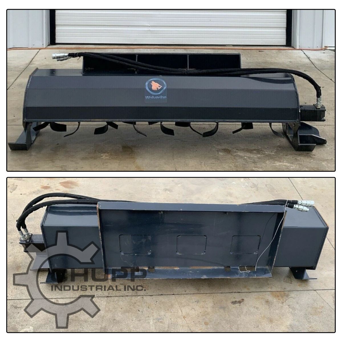 Wolverine skid steer tiller: gray tine hood with curved tines and the quick-attach mount plate with hydraulic hoses