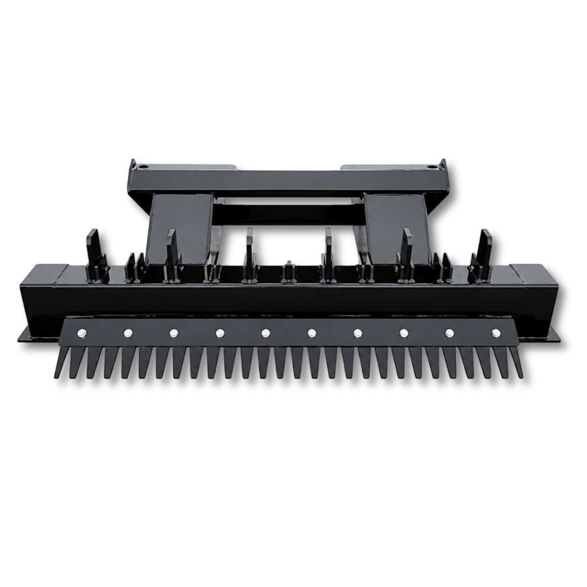 Wolverine ripper bar, front: row of ripper shanks above a full-width finishing rake with pointed tines