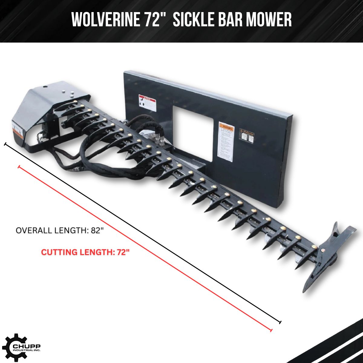 Dimension diagram of the Wolverine 72-inch sickle bar mower: 82-inch overall length, 72-inch cutting length