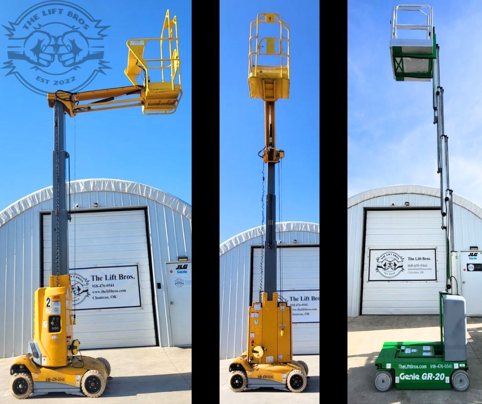 Three vertical mast lifts with masts fully raised and platforms up, two yellow units and a green Genie GR-20