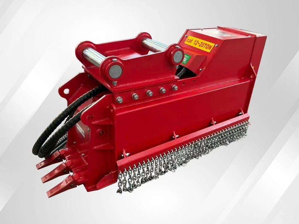 Red Raytree excavator mulcher: twin mounting pins, chain guard, claw teeth and cat 12-20 ton decal