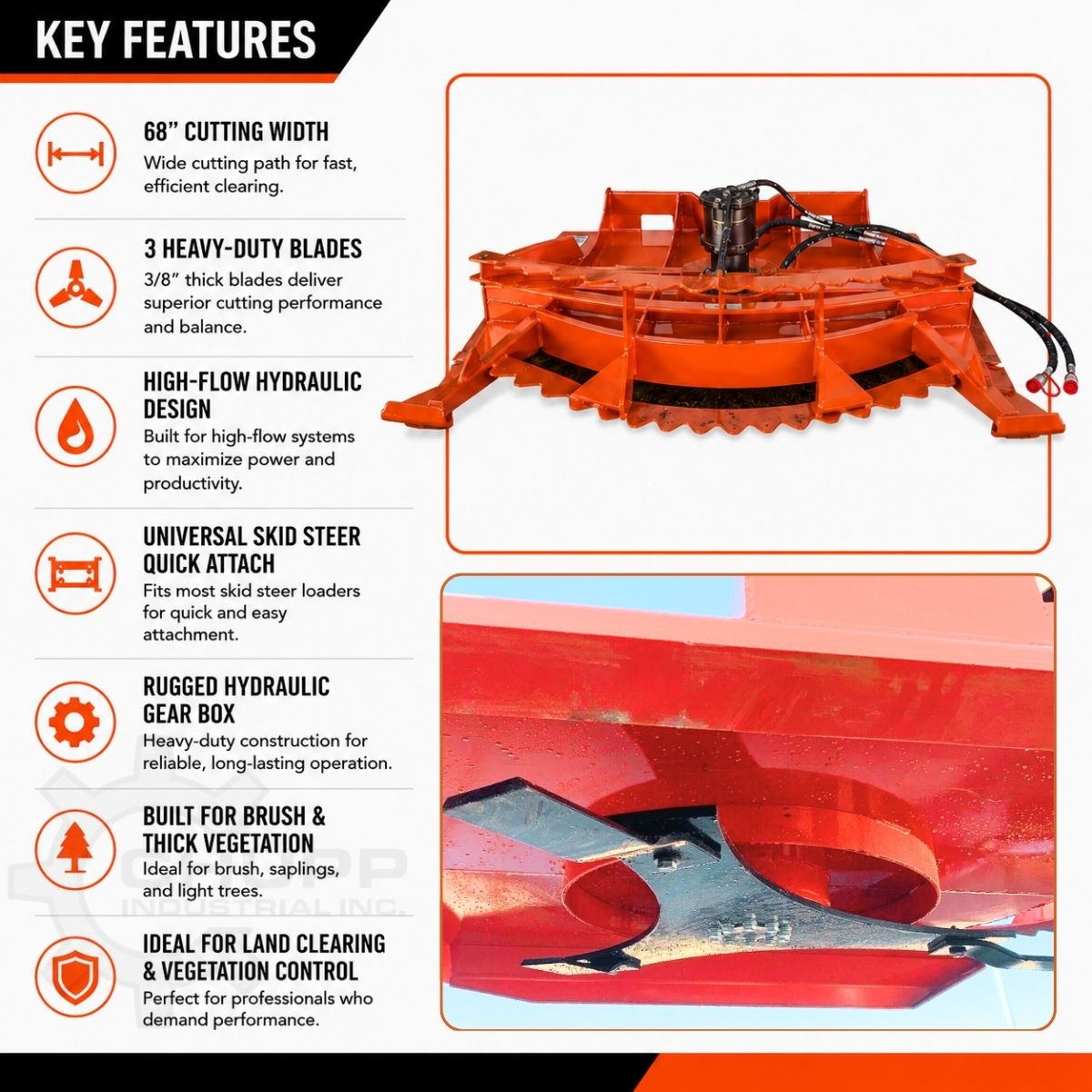 TopCat 68in brush cutter features graphic: 68in cut, three 3/8in blades, high-flow hydraulics, universal quick attach